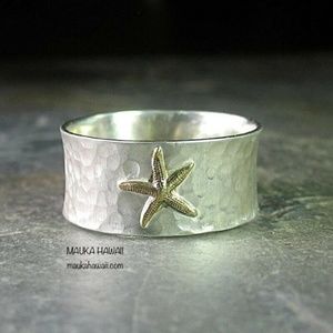 Hammered Wide Band Beach Starfish Modern Retro Artisan Ring Sizes 6 9 & 10